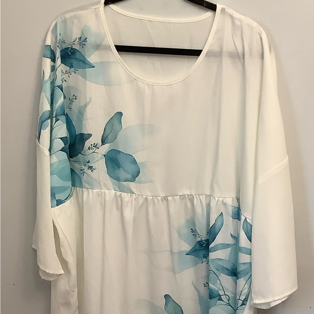 Women’s White Floral Tunic Top with Teal Leaf Print